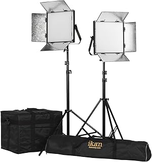 Ikan Lyra (2X) Bi-Color 3200K-5600K Soft Panel (1) 1 x 1 Studio & Field LED Lighting Kit, Includes Barn Doors, Stands and Case, Bi-Color Adjustable (LB10-2PT-KIT) - Black