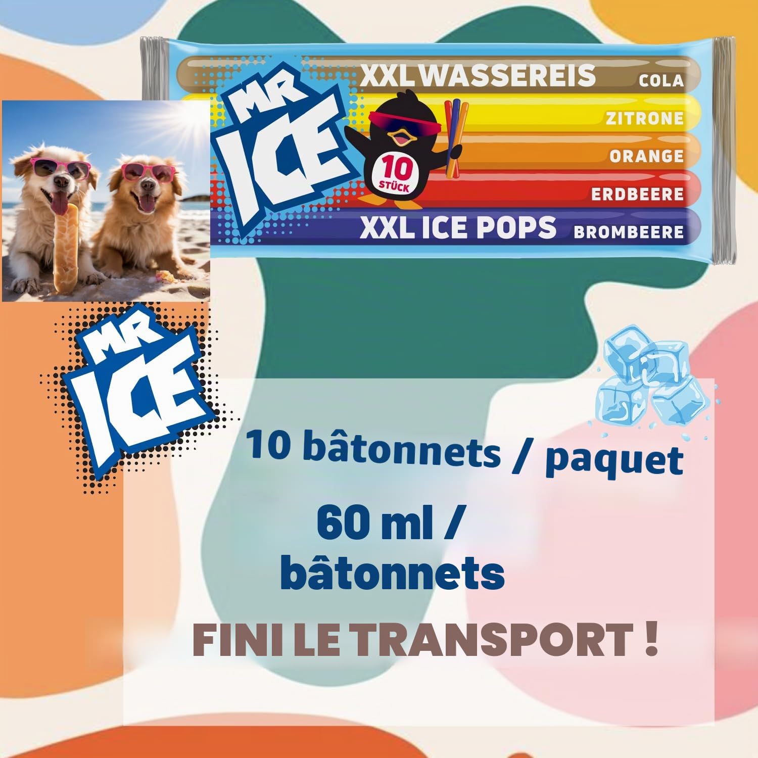 MR ICE Wassereis XXL 30 x 600ml | 300 x bâtonnets de glace aux fruits avec 60ml chacun - Gros paquet de bâtonnets de glace avec 5 x saveurs | à congeler