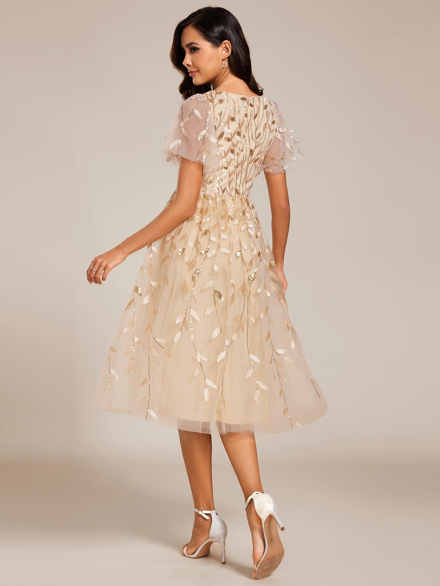 Ever-Pretty Robes d'invité de Mariage Col en V Manches Courtes Paillette Midi Robe évasée EG02230