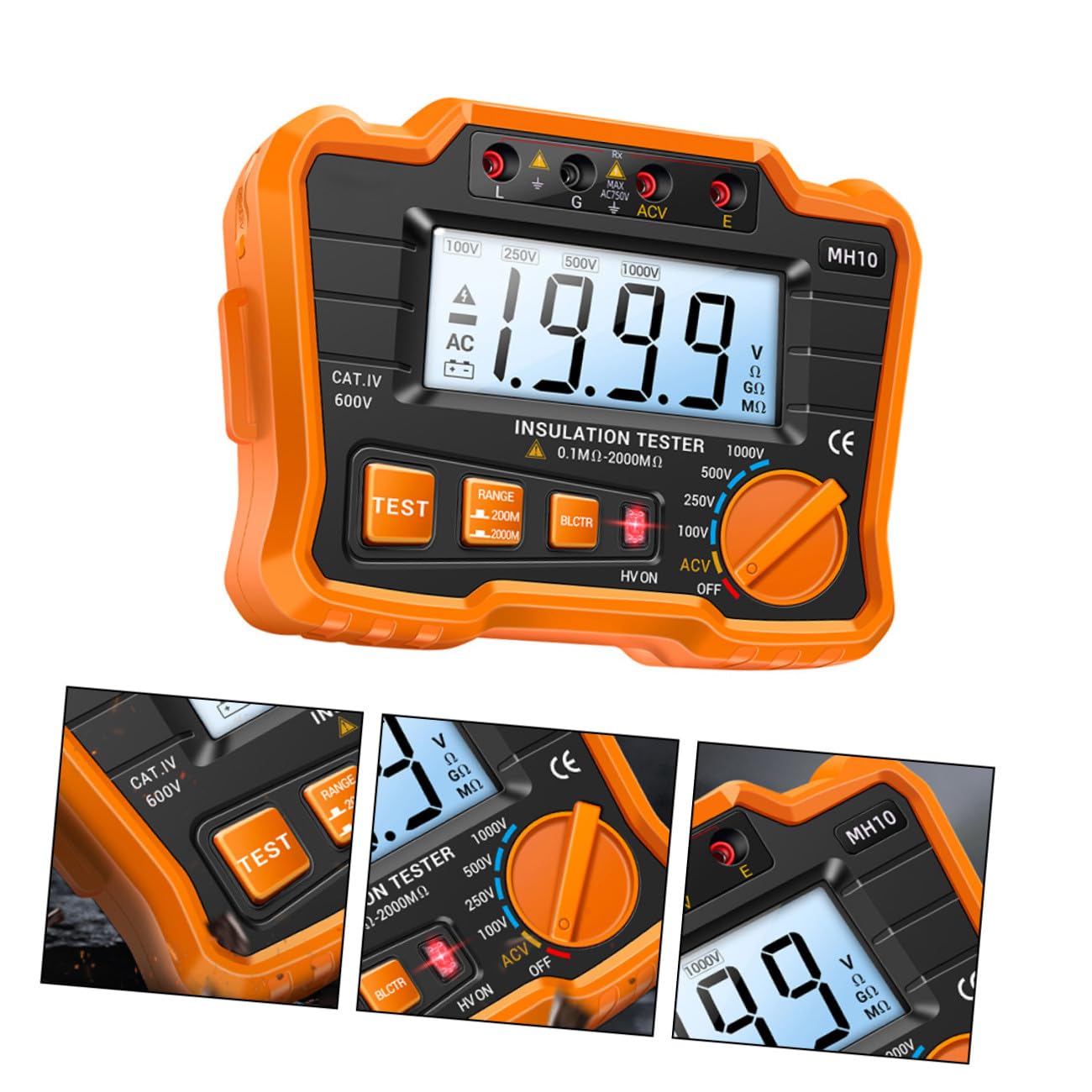 Megóhmetro Medidor Electrónico Industrial Mh10 de Resistencia de Aislamiento Digital Retroiluminación Lcd Naranja para Pruebas Eléctricas y Mantenimiento Profesional
