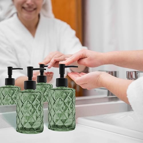 Miniatura 5 de Paquete de 2 dispensadores de jabón de vidrio verde de 12 onzas con bomba de plástico negro, botellas de jabón líquido recargables para manos, baño,