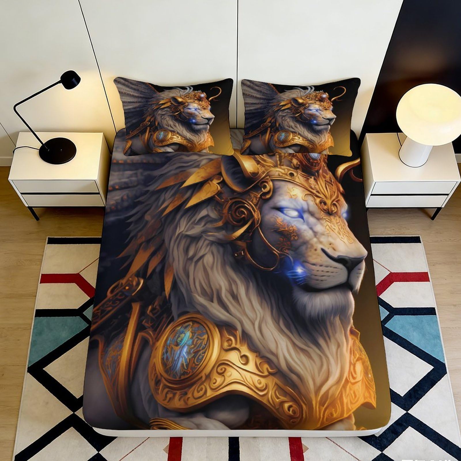 3D Printed Regal Lion Fitted Sheet Microfiber Soft Non-Slip Golden Armor Mattress Cover for Bedroom Dorm Decor 90x200x25cm