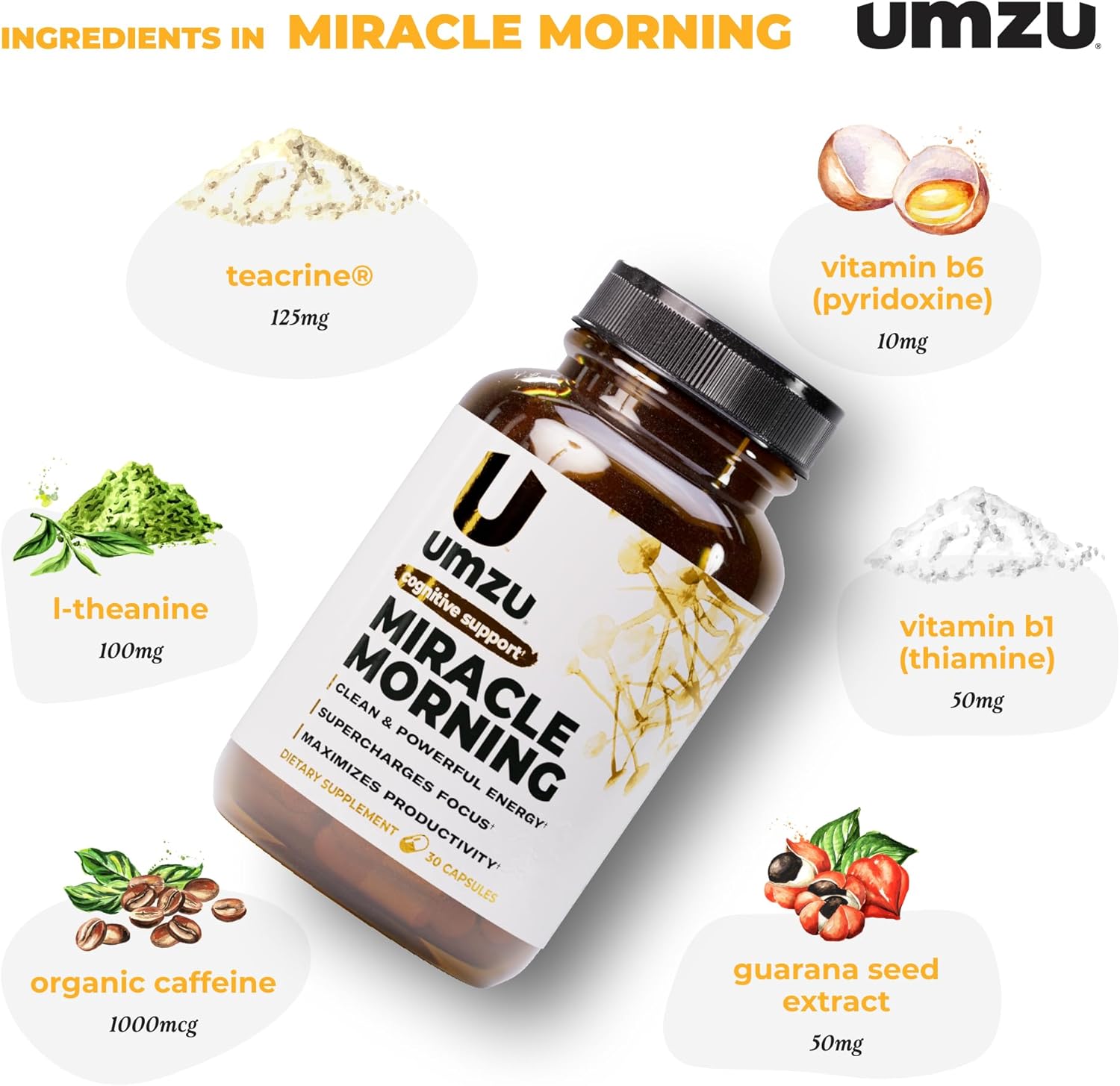 UMZU Miracle Morning Energy Support Supplement, (30 Day Supply) – Caffeine, Theacrine & Organic Ingredients – Morning Energy, Focus & Mood Support Energy Supplement Focus Supplement Caffeine Pills