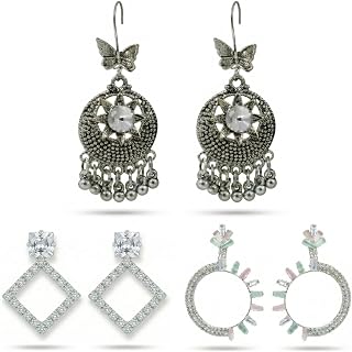 Oxidised Jhumka with AD Diamond Shape and Hoop Earrings, Silver Tone, Set of 3 Pairs Price In India
