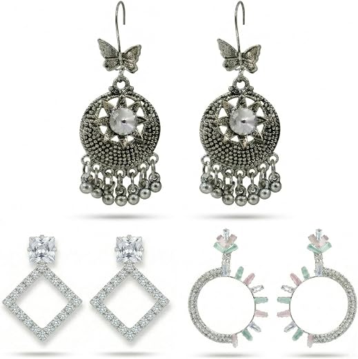 Oxidised Jhumka with AD Diamond Shape and Hoop Earrings, Silver Tone, Set of 3 Pairs
