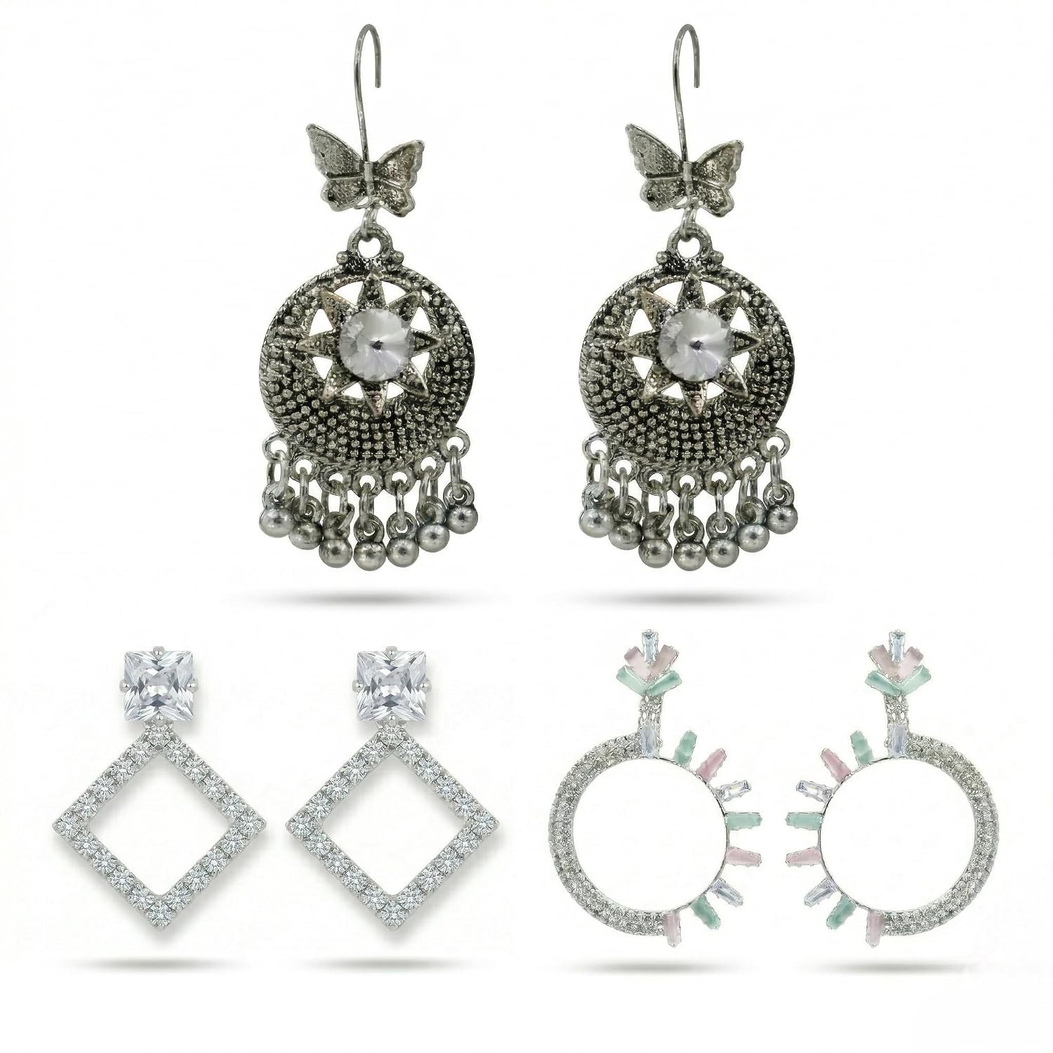 Oxidised Jhumka with AD Diamond Shape and Hoop Earrings, Silver Tone, Set of 3 Pairs - Review, Price and Buying Guide