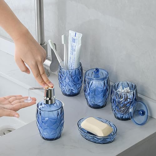 Miniatura 2 de Yueranhu Juego de accesorios de baño azules, 5 piezas, dispensador de jabón de loción, soporte para cepillo de dientes, soporte para 2 Qtips,