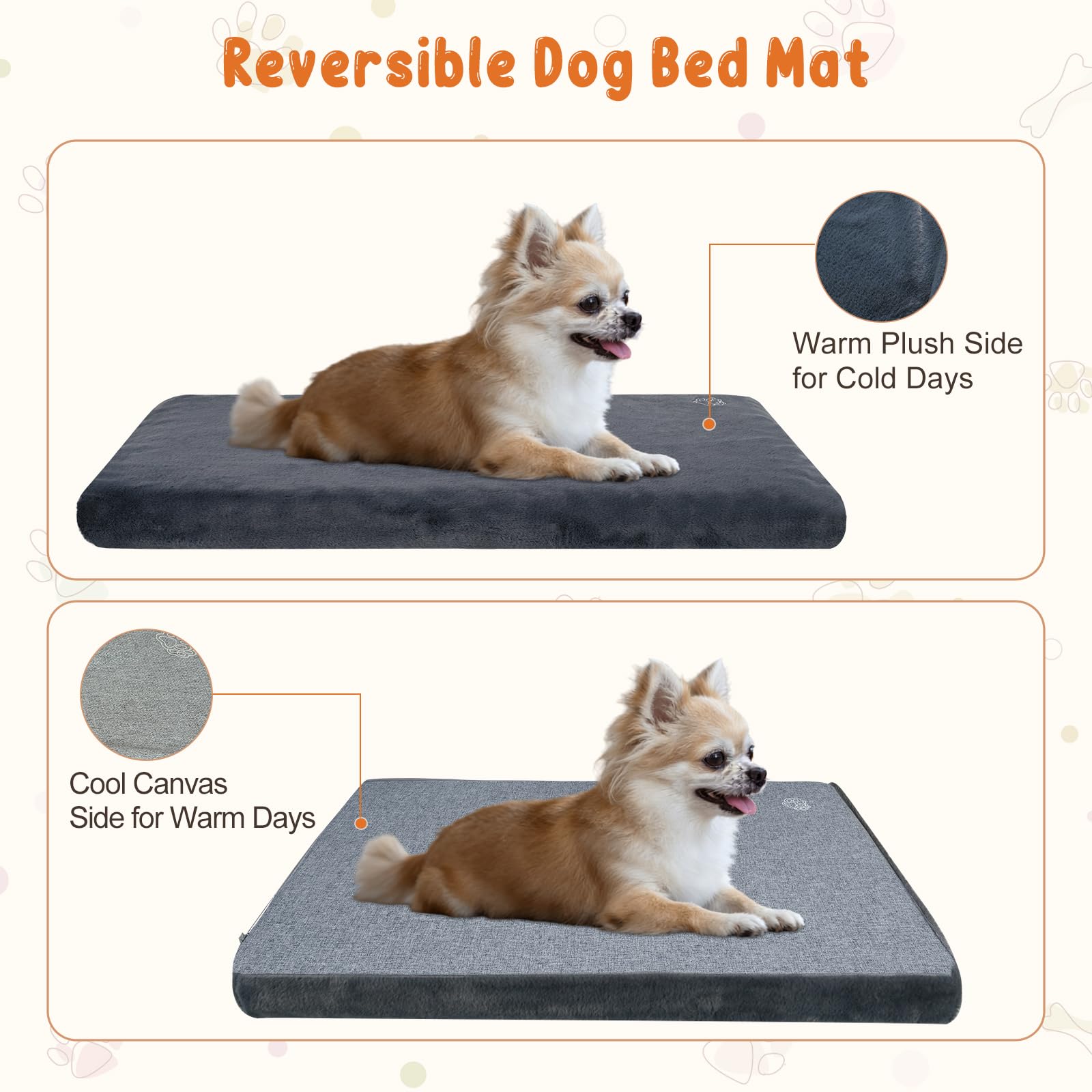 EMPSIGN Élégant tapis de cage pour chien réversible (frais et chaud), doublure imperméable, housse amovible lavable en machine, soutien ferme pour chiens de petite à XXL, gris