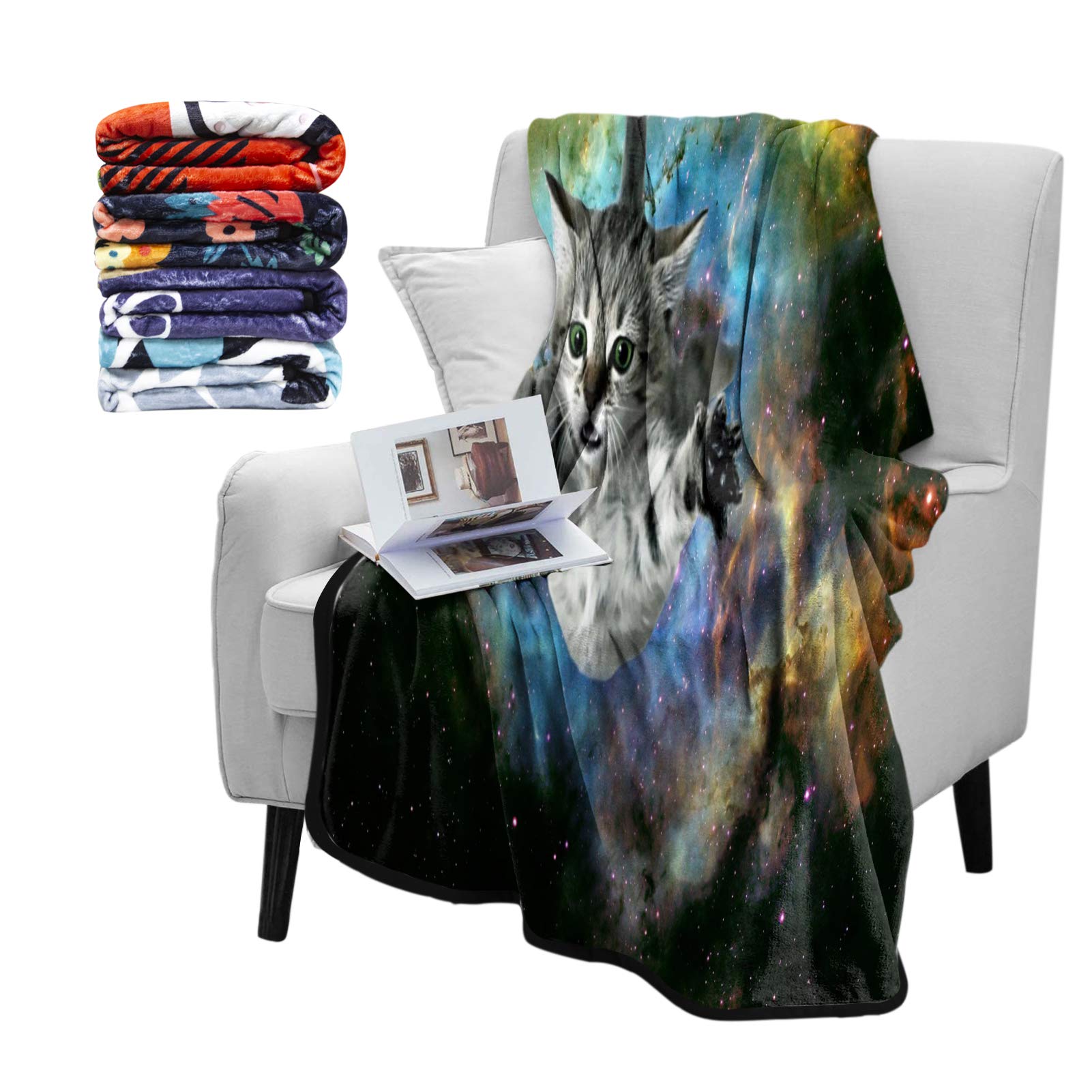 Britimes Space Cat Fuzzy Flannel Throw Blankets, Soft Blankets and Throws, Daughter Mom Friend Gift 