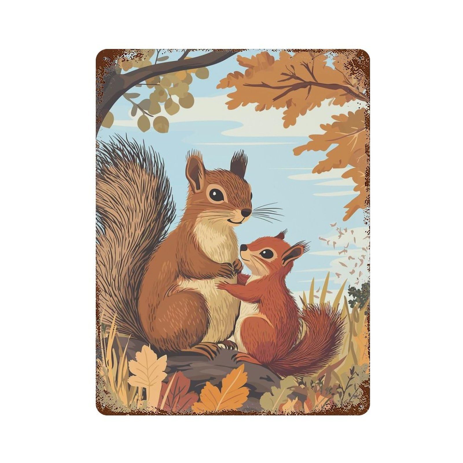 Squirrel Family Decorative Tin Sign 15.7"x11.8", Retro Wall Decor for Basement, Hobby Room And Garage Decor