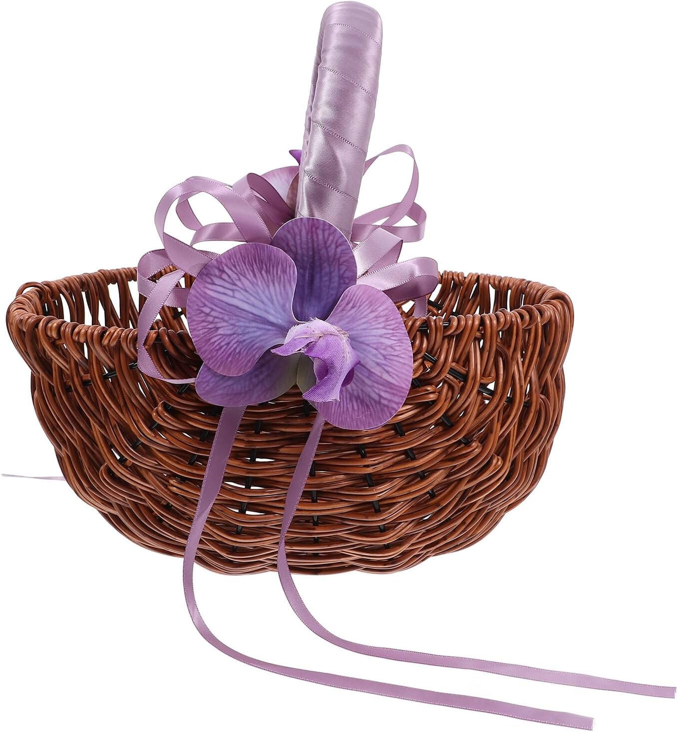 Handwoven Wedding Flower Basket with Purple Handle Decorative Flower Container Handheld Floral Storage Basket for Wedding Ceremony Supplies