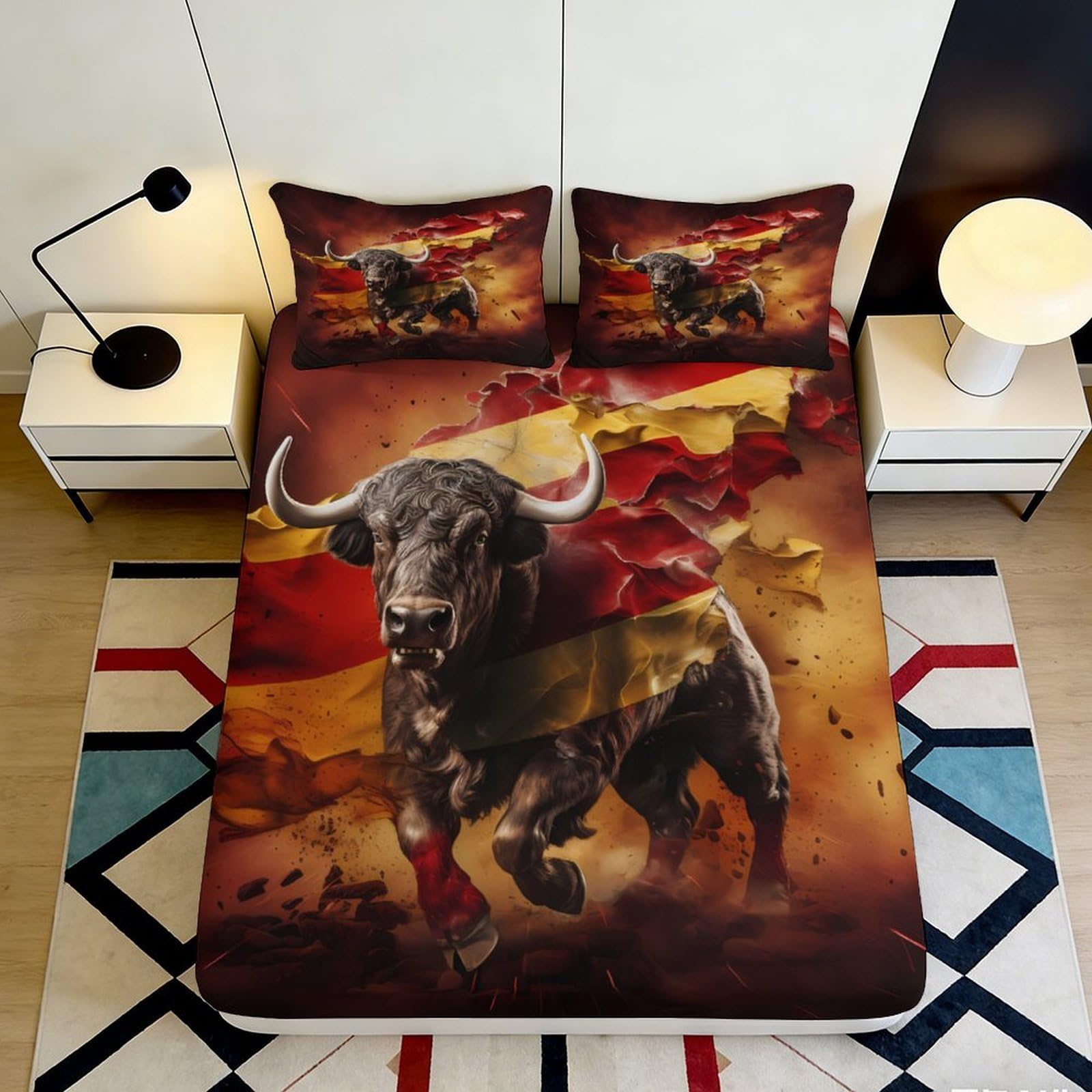 3D Printed Spanish Bull Art Fitted Sheet Microfiber Soft Breathable Flag Bed Cover for Bedroom Dorm Mattress Protection Decor 90x200x25cm