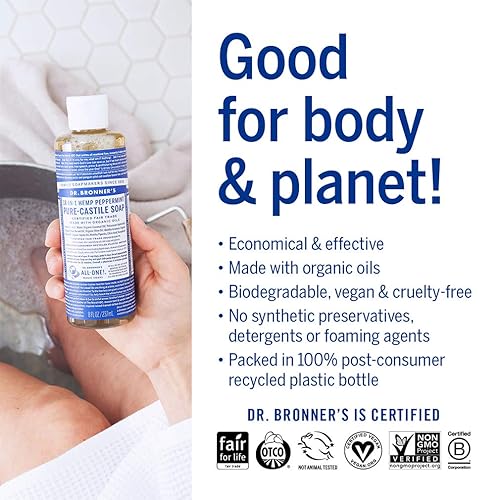 Miniatura 5 de Dr Bronners - Jabón líquido de Castilla pura menta 8 onzas - Fabricado con aceites orgánicos 18 en 1 usos cara cuerpo cabello lavandería mascotas y