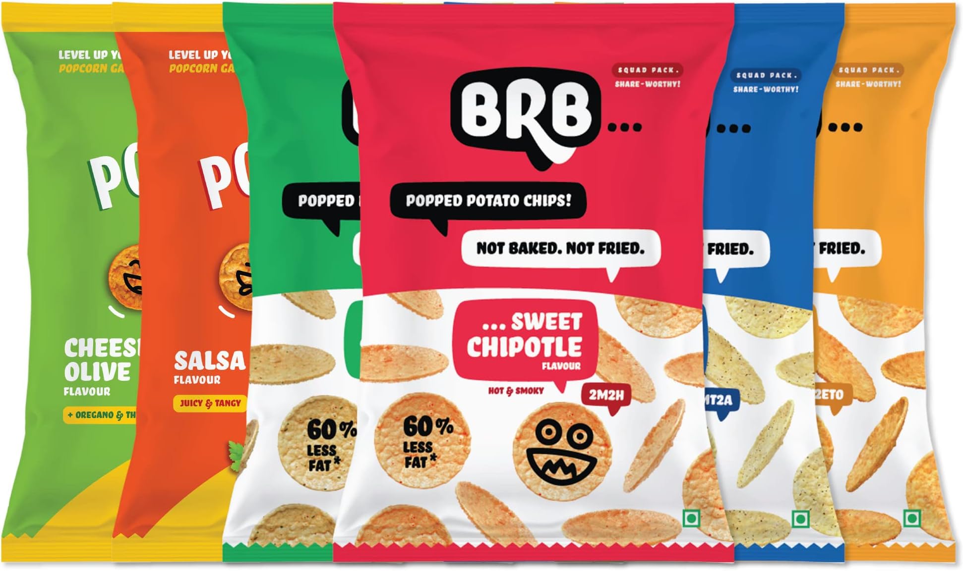 BRB Popped Potato & Popcorn Chips | 6 Flavors | Not Fried, Not Baked | 6 Packs X 48 Grams | Light, Crunchy, and Flavorful