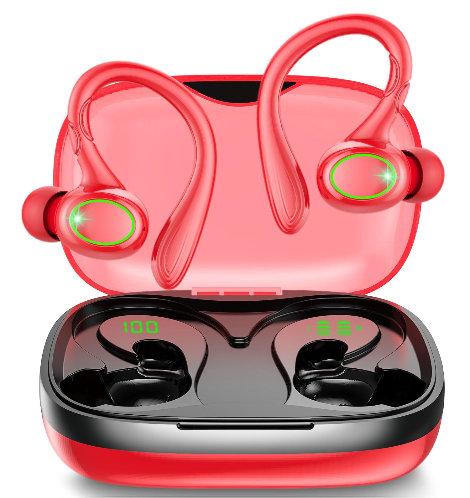 Wireless Earbuds, 60H Playback Bluetooth 5.3 Headphones,Noise Cancelling Wireless Headphones with LED Battery Display, Mics Clear Call, IPX7 Waterproof Bluetooth Earbuds for Workout Sports (Red)