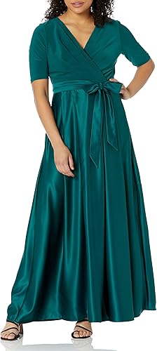 Alex Evenings Womens Satin Ballgown Formal Event Dress with Pockets and Tie Belt (Petite and Regular Sizes)