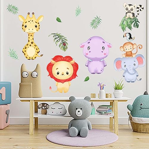 Calcomanías de pared de animales de la selva para bebés, calcomanías de pared de elefantes del bosque, jirafa, hipopótamo, león, guardería,