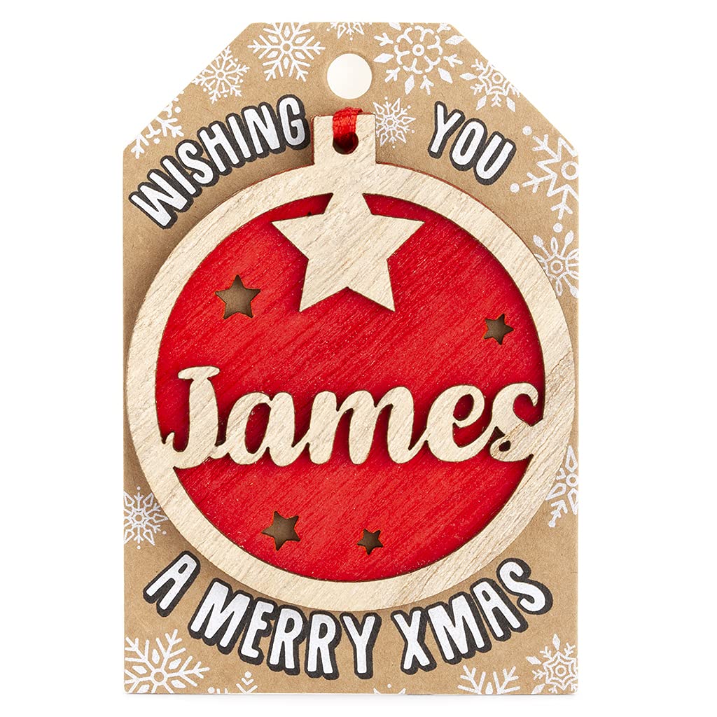 Personalised Wooden James Name Red Hanging Christmas Tree Bauble Decoration