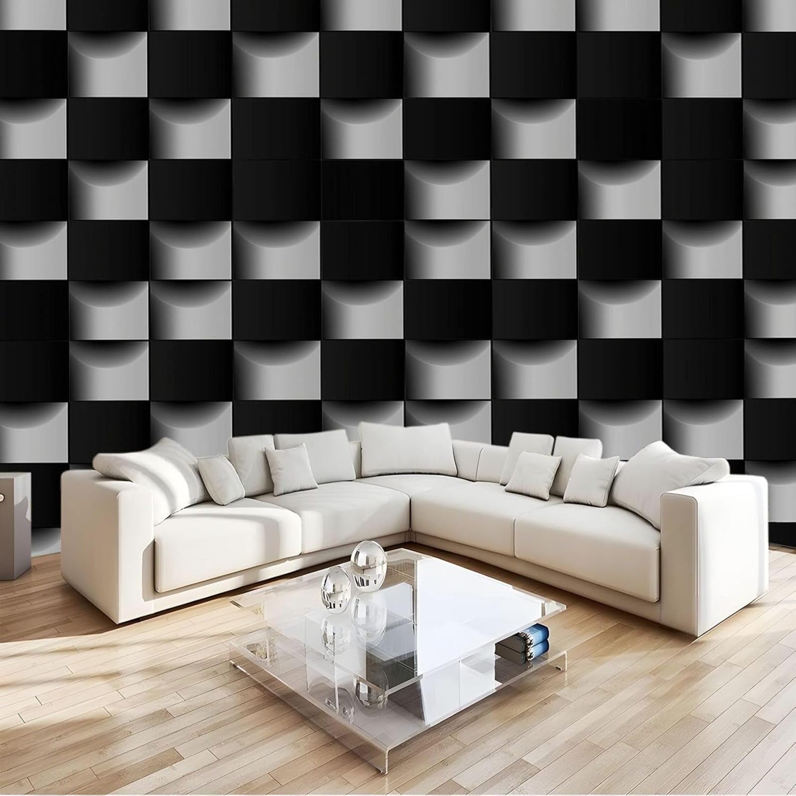 hgjdjhnf 3D Black White Checkered Non-Woven Photo Wallpaper Wall Mural for Office Living Room Restaurant Cafe 350cm x 256cm