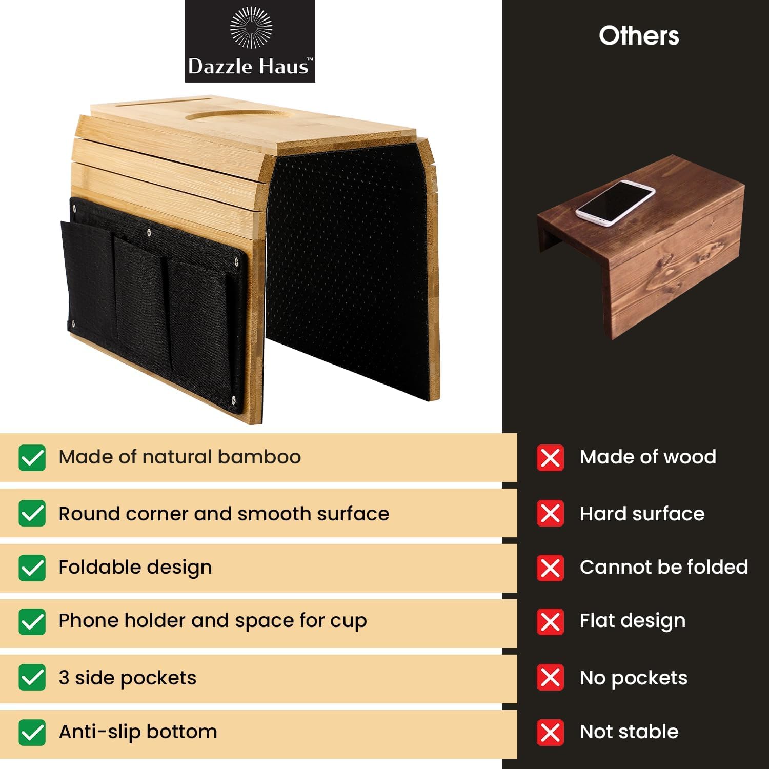 Trendy Trays Sofa Armrest Tray Bamboo with 3 Side Pockets | 22x37cm Anti-Slip Couch Armrest Table with Cup Holder, Phone Holder & Remote Organizer | Durable and Stable Arm Rest Caddy for Living Room 1