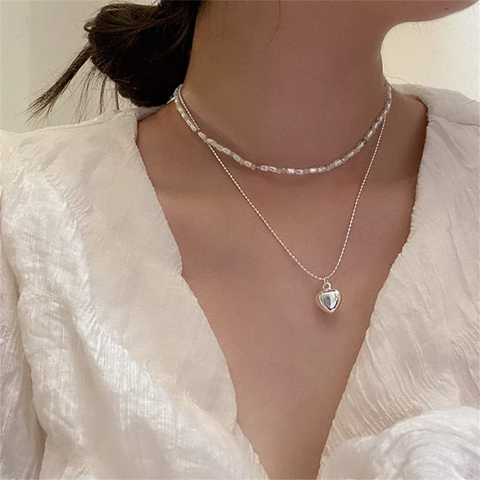 ZJJZHZD women's necklace pendant necklace Ladies Double Layers Metal Imitation Pearl Necklace Love Pendant Elegant Gift Autumn Fashion Jewelry for Mom