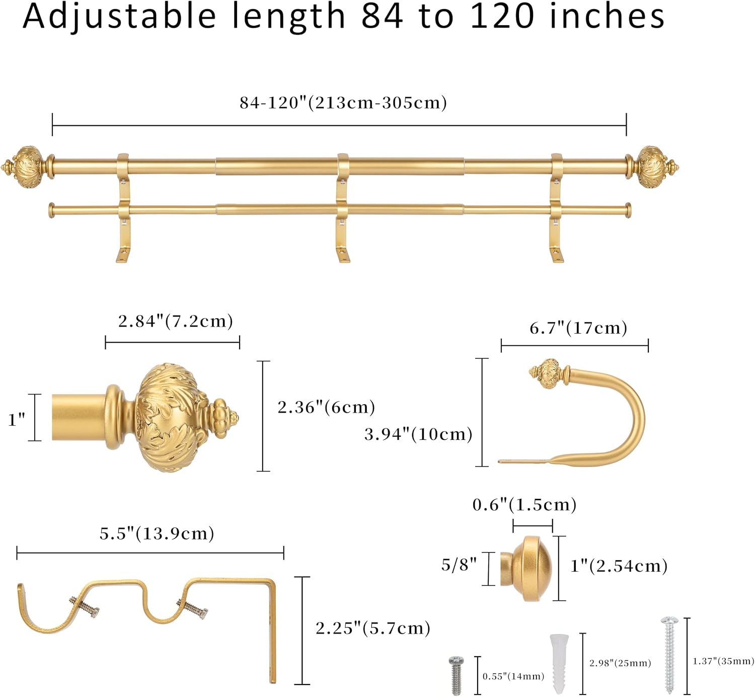 1" Double Curtain Rod with Albert Finials and holdbacks,Gold,84‘’-120‘’