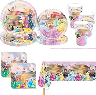 Vajilla de fiesta de cumpleaños de princesa, 81 unidades, vajilla decorativa, vajilla para fiesta de cumpleaños infantil, incluye platos, vasos de papel, servilletas, manteles rosas, princesas