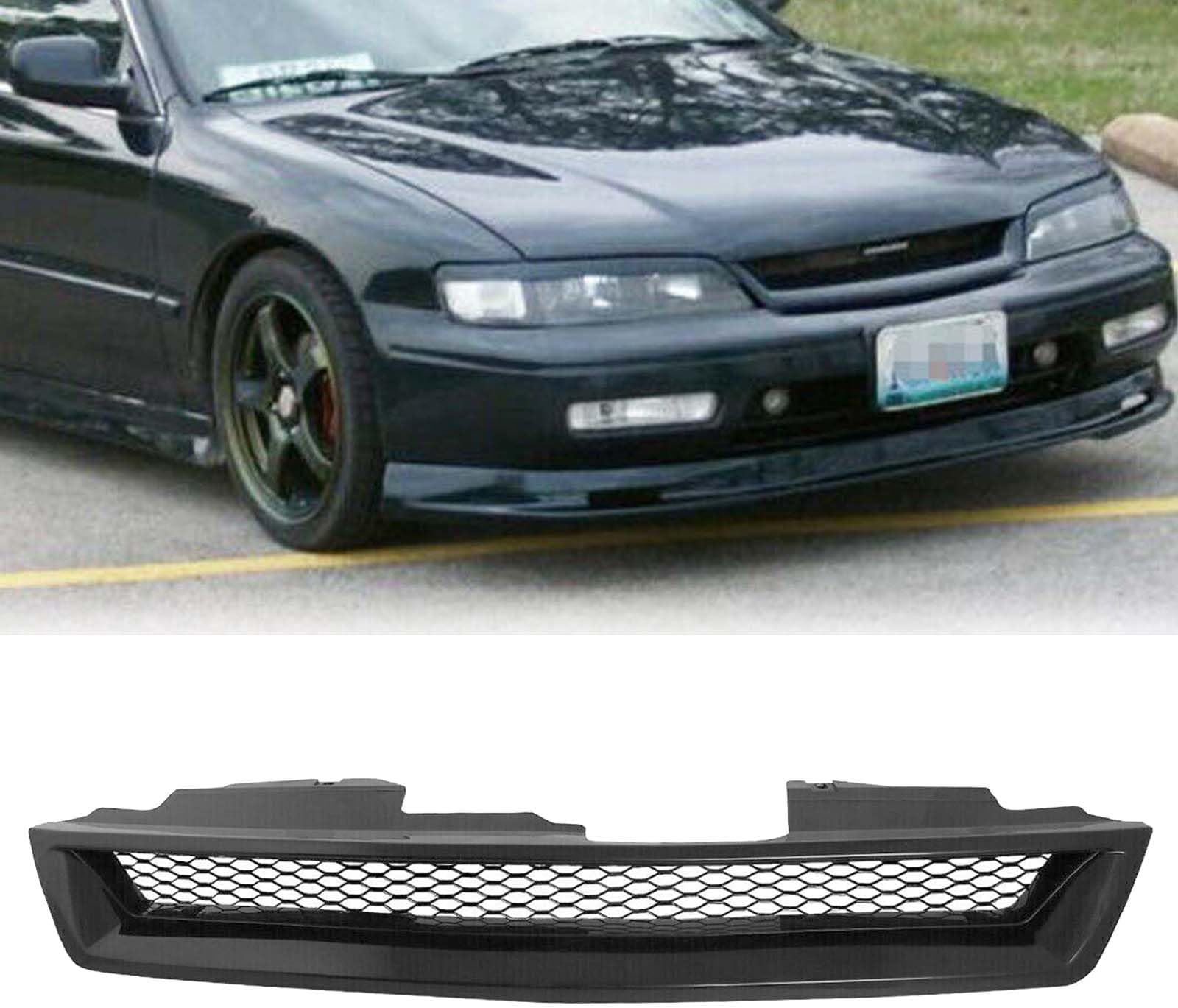 Front Bumper Grille Fit 1994 1995 1996 1997 for Accord 2/4 Door, ABS Plastic Type-R Black Mesh Front Upper Grill Guard Replacement Part