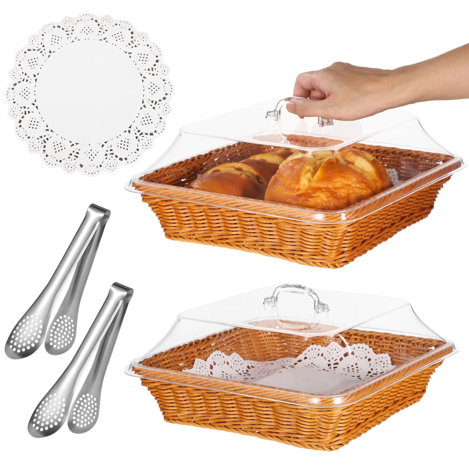 Photo 1 of 2 Pack Wicker Large Bread Basket with Lid, 11.8''×11.8'' Square Plastic Imitation Rattan Woven Serving Basket with 2 Stainless Steel Tongs?150 Paper Liners for Food Vegetable Display