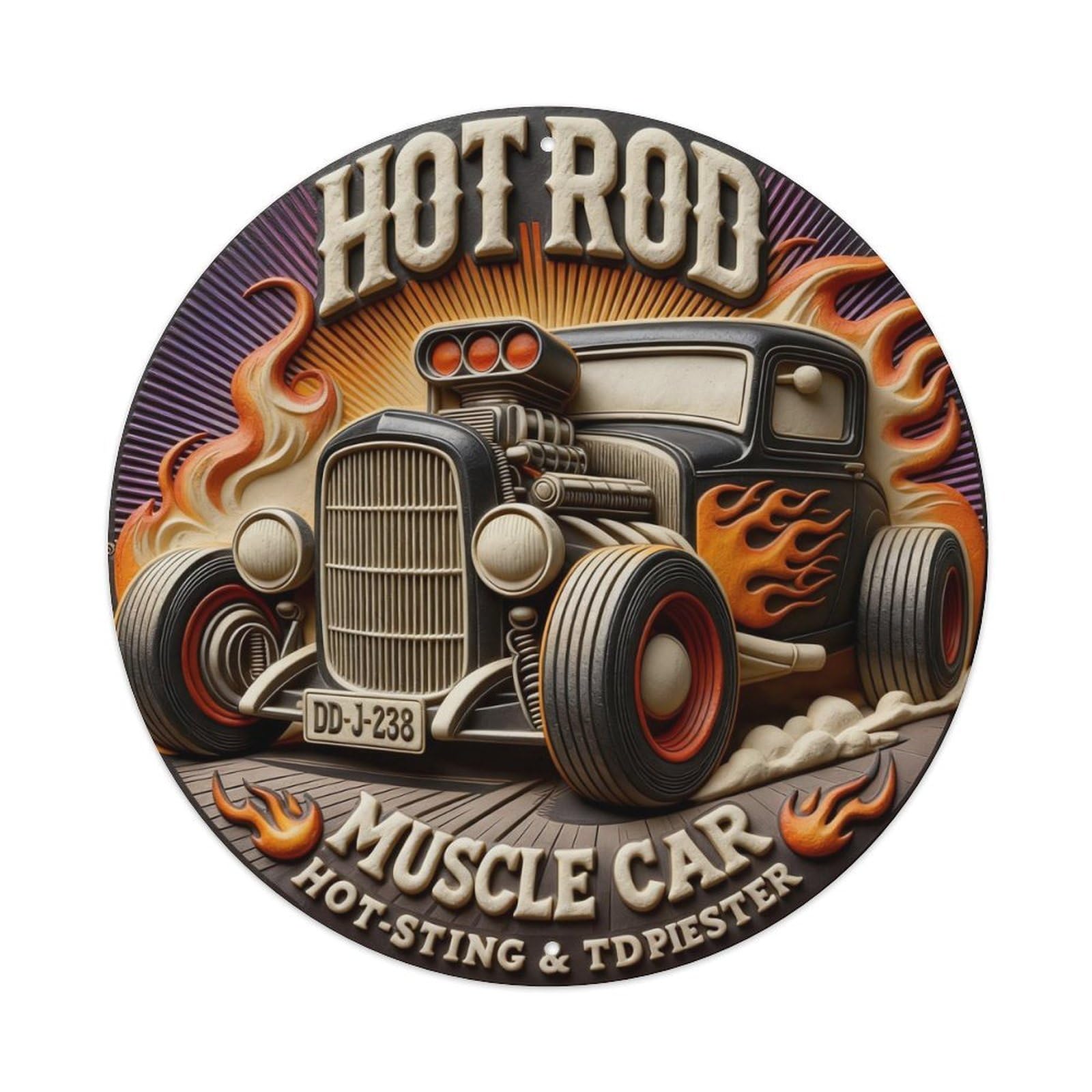 Hot Rod Muscle Car Flame Design Round Metal Tin Sign Vintage Wall Decor, Bar Garage Cafe Kitchen Home Wall Art Poster 8x8inches
