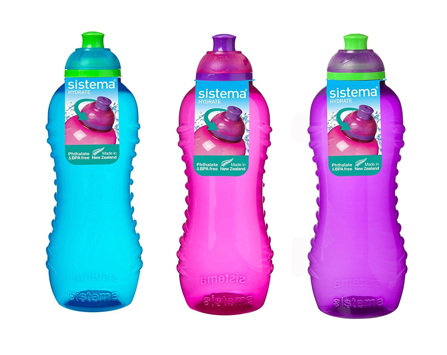 Online Kitchenware Pink, Blue, Purple 3 Sistema 460Ml Twist N Sip Drink Bottles, Blue, Pink, Purple