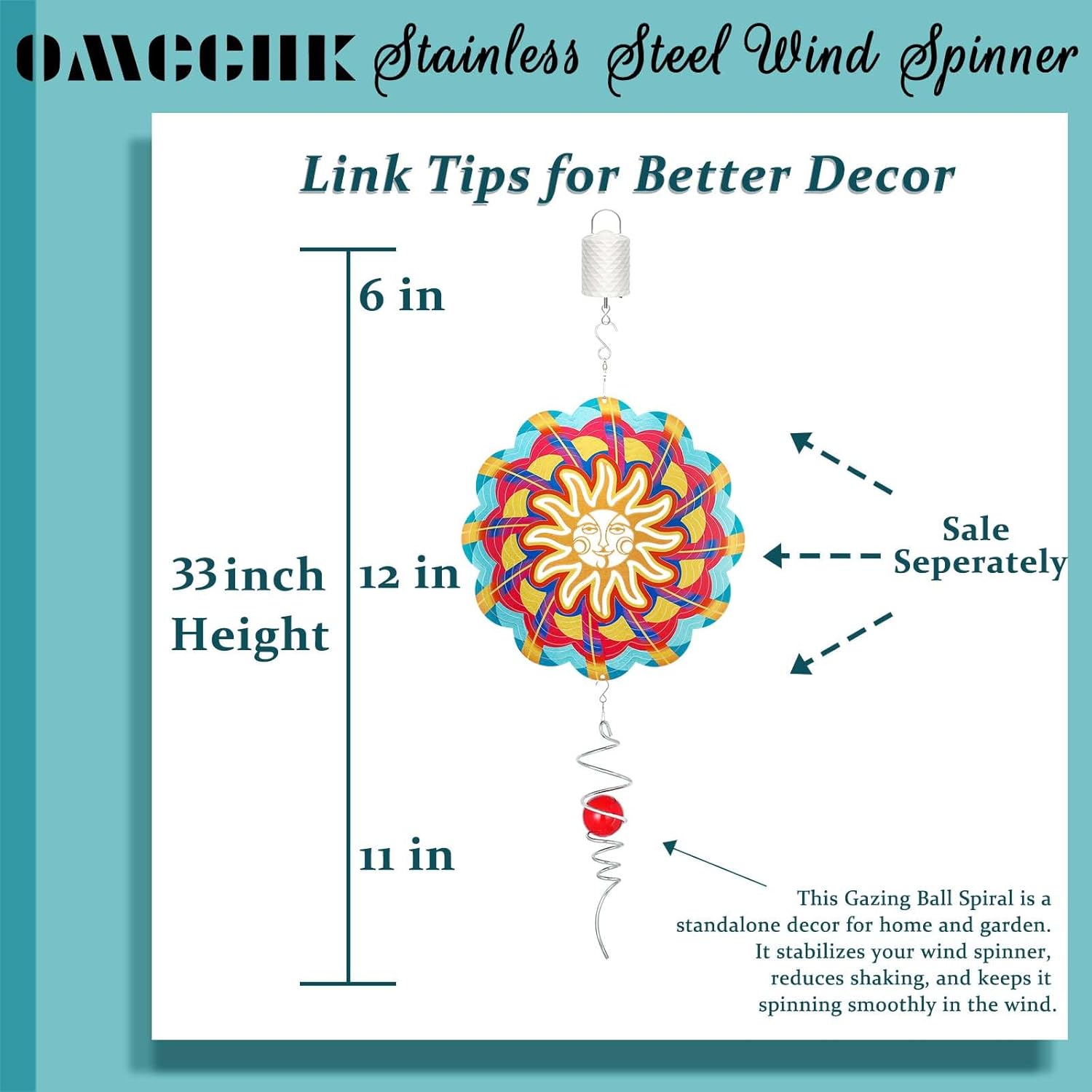 Wind Spinners Outdoor, 12 Inch Sun Face Smiley Stainless Steel Spinfinity Wind Spinner, Wind Chimes for Outside, 3D Hanging Kinetic Sculpture Suncatcher, Metal Spin Art Garden Ornament Gifts