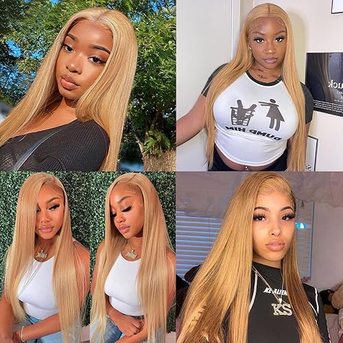 Miniatura 2 de 27 paquetes de cabello humano rubio miel, paquetes de cabello humano lacio rubio de 18, 20, 22 pulgadas, longitud mixta, 3 paquetes de cabello de