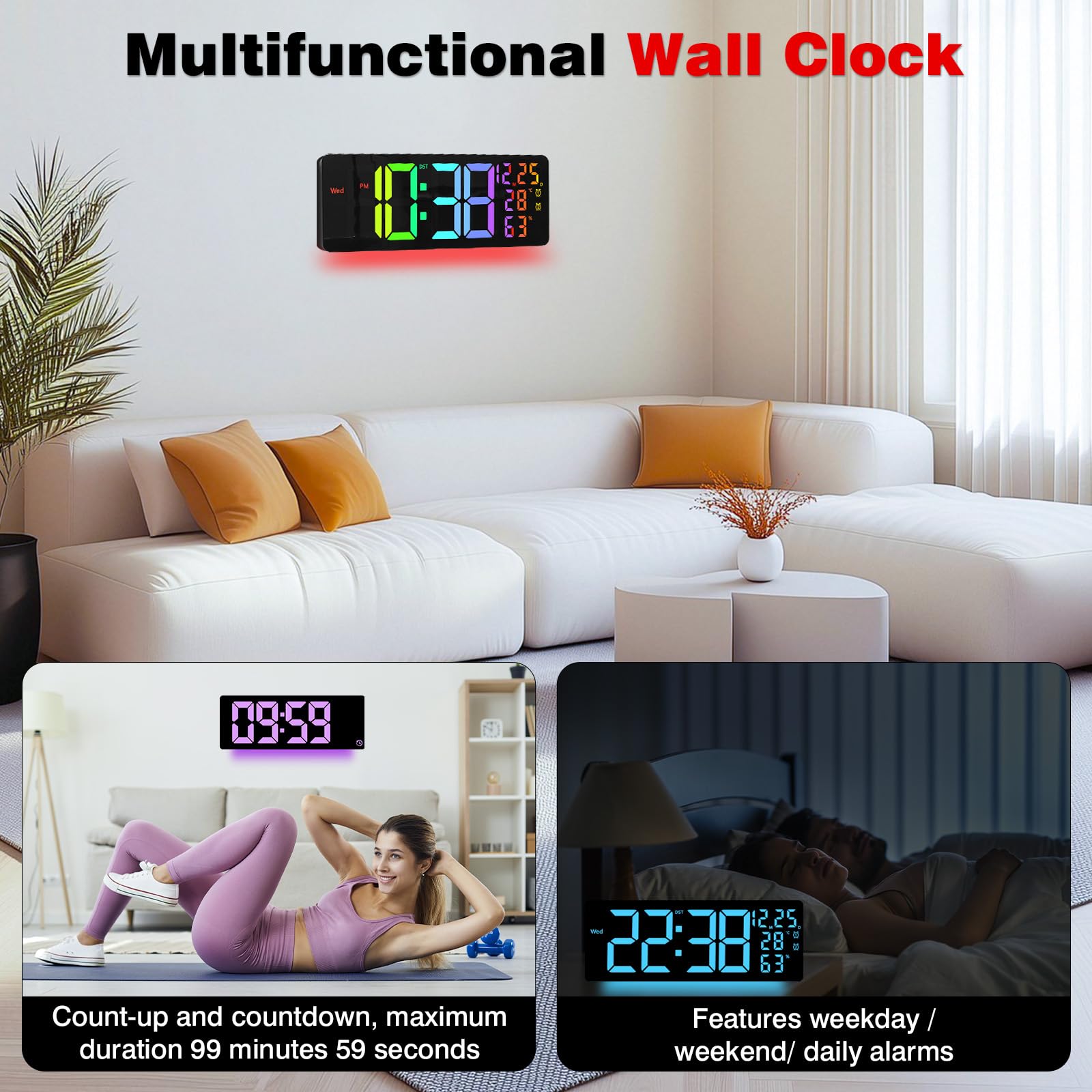 Horloge Murale Numérique LED 16,5'' avec Télécommande, Luminosité Automatique, Heure d'Été, Température, Date, Jour, Double Alarme, 12/24H, Horloge Murale Digitale pour Salon Cuisine Bureau Gymnase