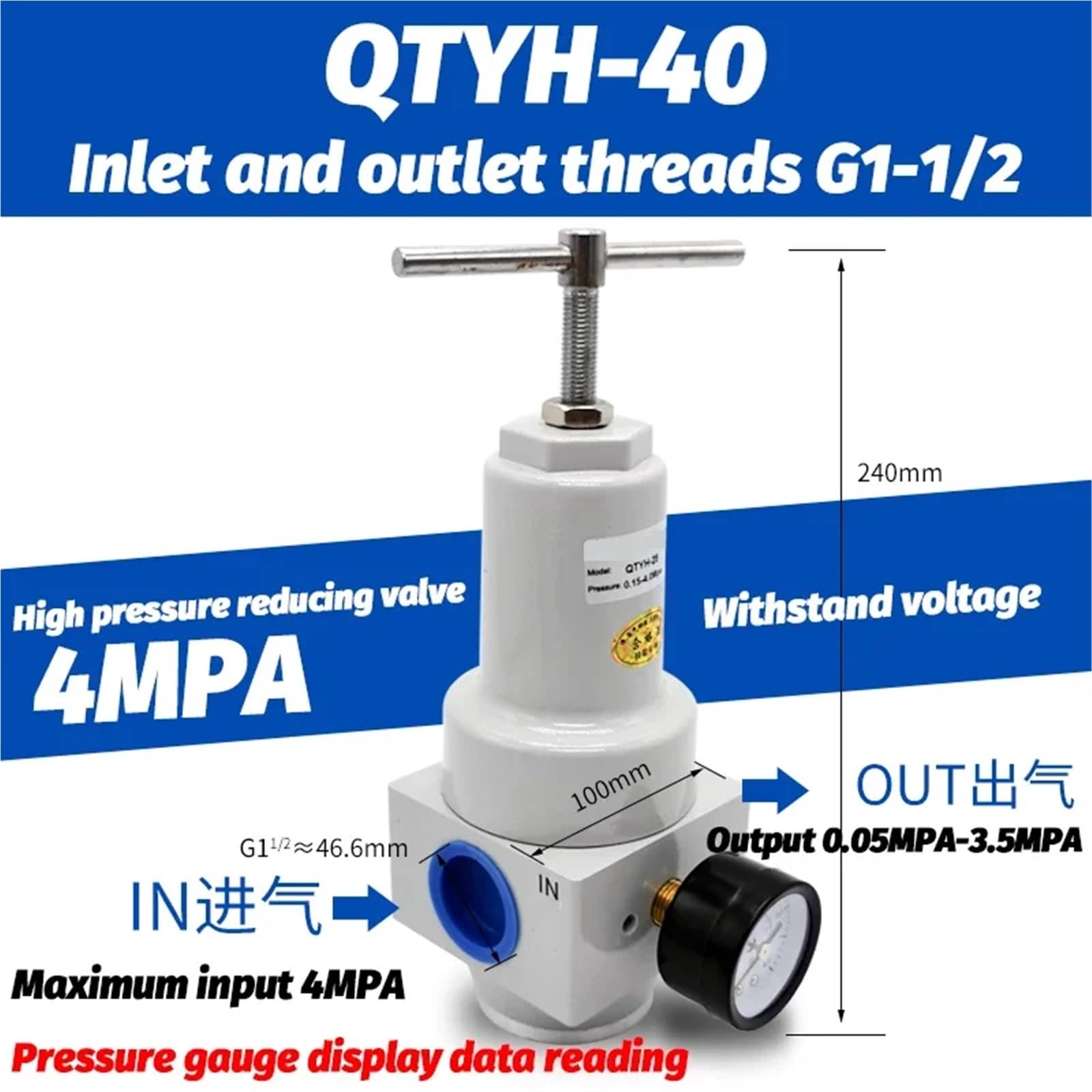 Regolatore pneumatico ad alta pressione 0~40 bar con attacco manometro 1/4 3/8 1/2 2 pollici BSPT 1/2" QTY-08 10 15 20 25 32 40 50(QTYH-40)