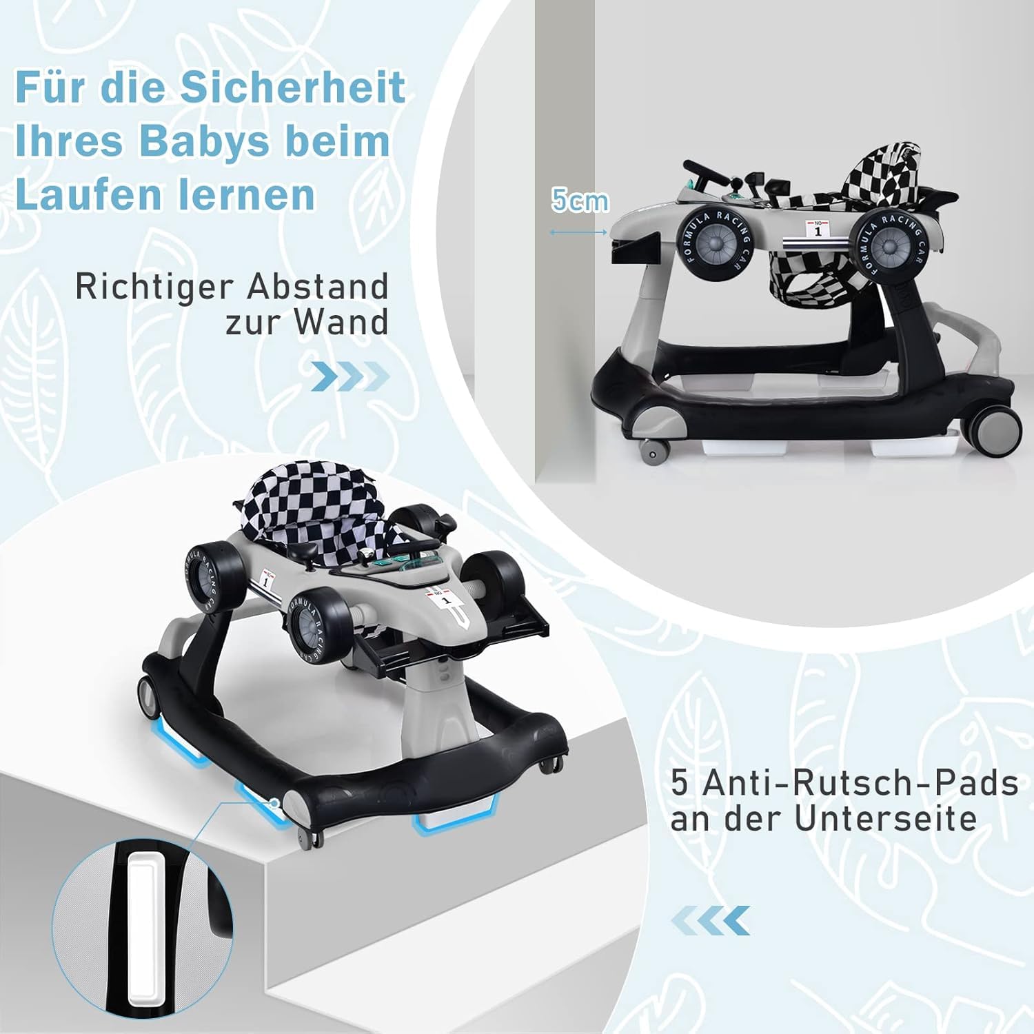 FANTASK Chodzik 4 w 1 z regulowaną wysokością i prędkością, Baby Walker z muzyką, światłem i kółkami, bez chodzenia dla dzieci od 6 miesięcy, obciążenie 12 kg (kolor szary)