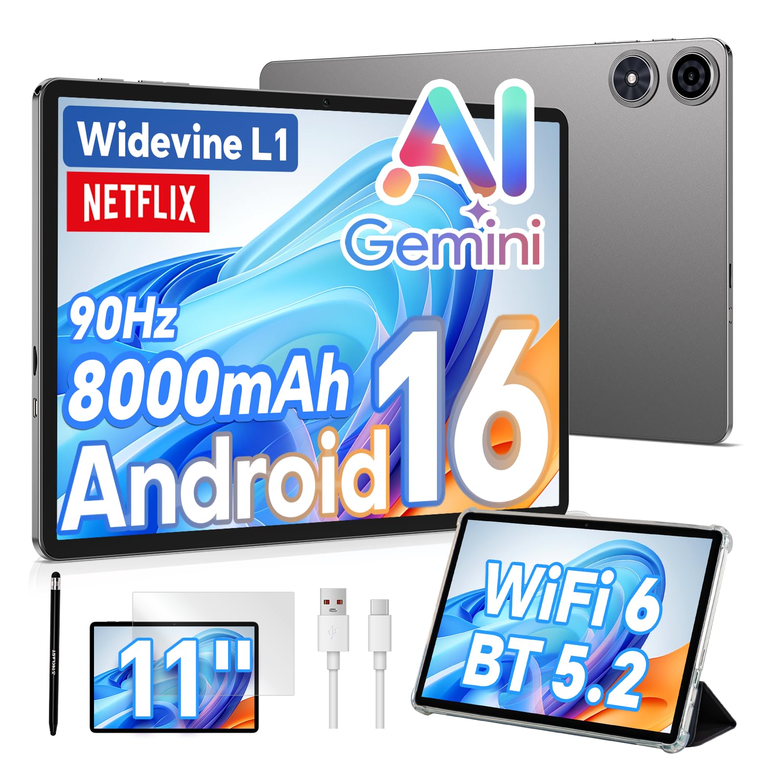 TECLAST P50T Tablet 11" 90Hz Android 16, 16GB+128GB+5TB 8000mAh BT5.2 WiFi6 | con Custodia+Penna/Gemini AI/13+5MP Camera/Widevine L1/2GHz Octa-Core/GPS/OTG