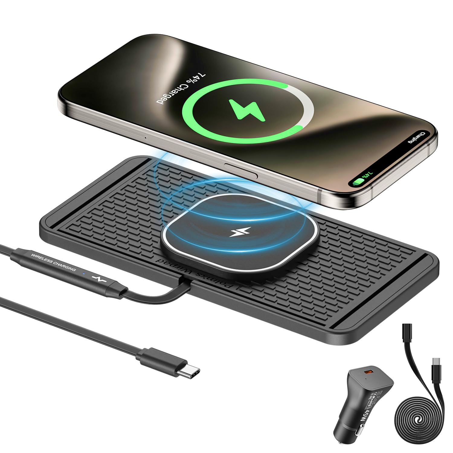 25W Magnetisches Wireless Ladegerät Auto, Polmxs für MagSafe Auto Ladegerät mit 45W USB-C Autoladegerät, Fast Wireless Charging Pad kompatibel mit iPhone 17/16/15/14/13/12, Samsung Galaxy, Google