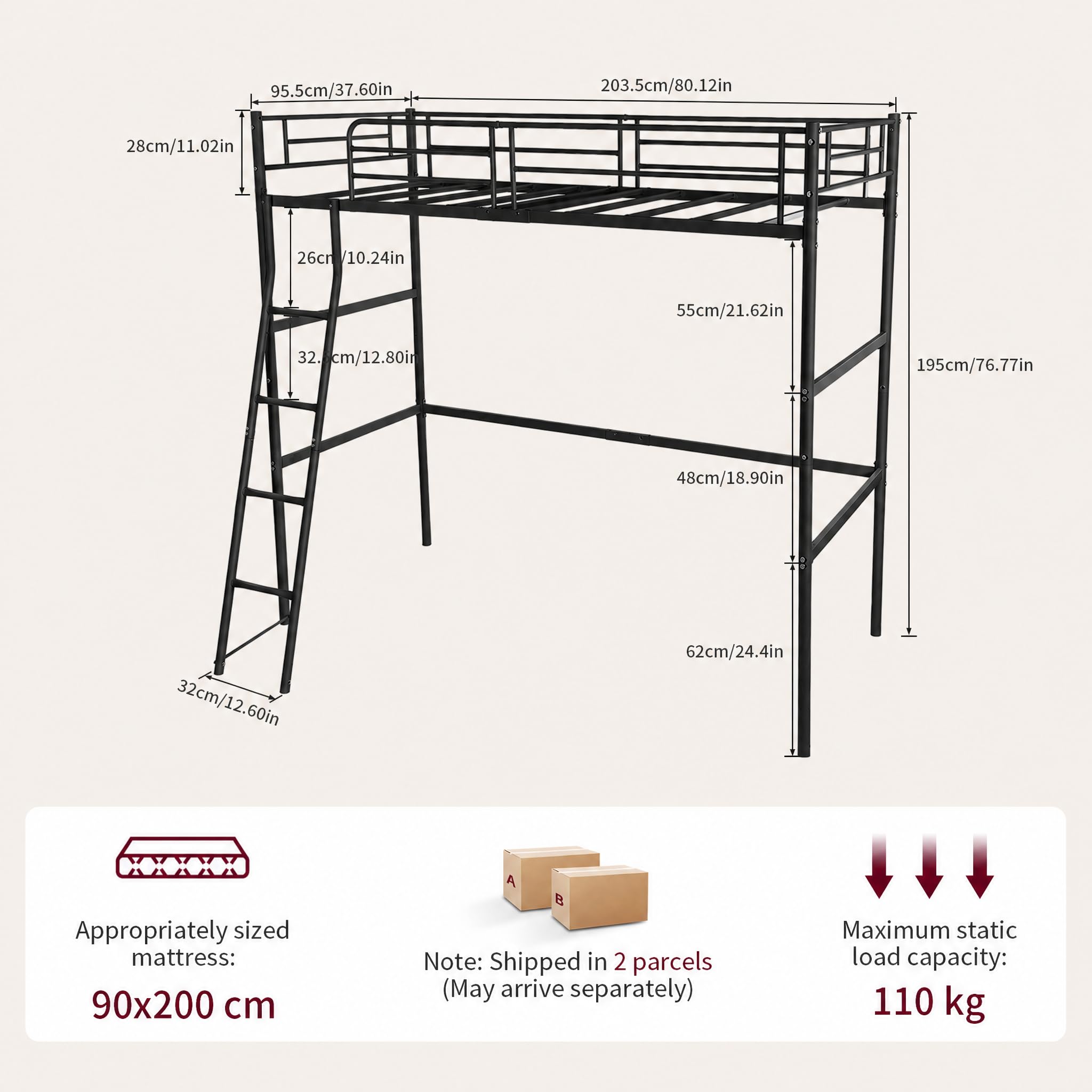 DORAFAIR Lit Mezzanine 1 Place Lit Superposé en Métal per Matelas de 90 x 200 CM avec Escalier pour Adultes et Enfants, Sécurité Garde-Corps et Espace Libre en Dessous, Noir