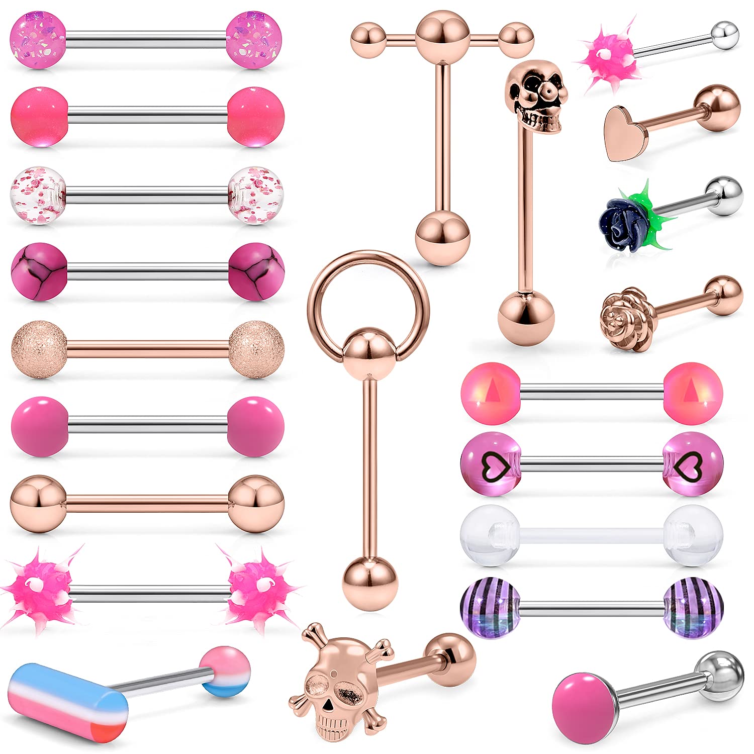 Leiainely 14G Silver/Rose-Gold/Rainbow Tongue Rings Piercing Jewelry for Women Men Work Surgical Steel Metal Tounge Barbell Set