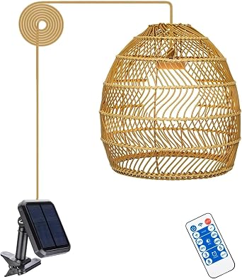 Solar Pendant Lights Outdoor, 12 Inch Rattan Solar Lantern with Remote