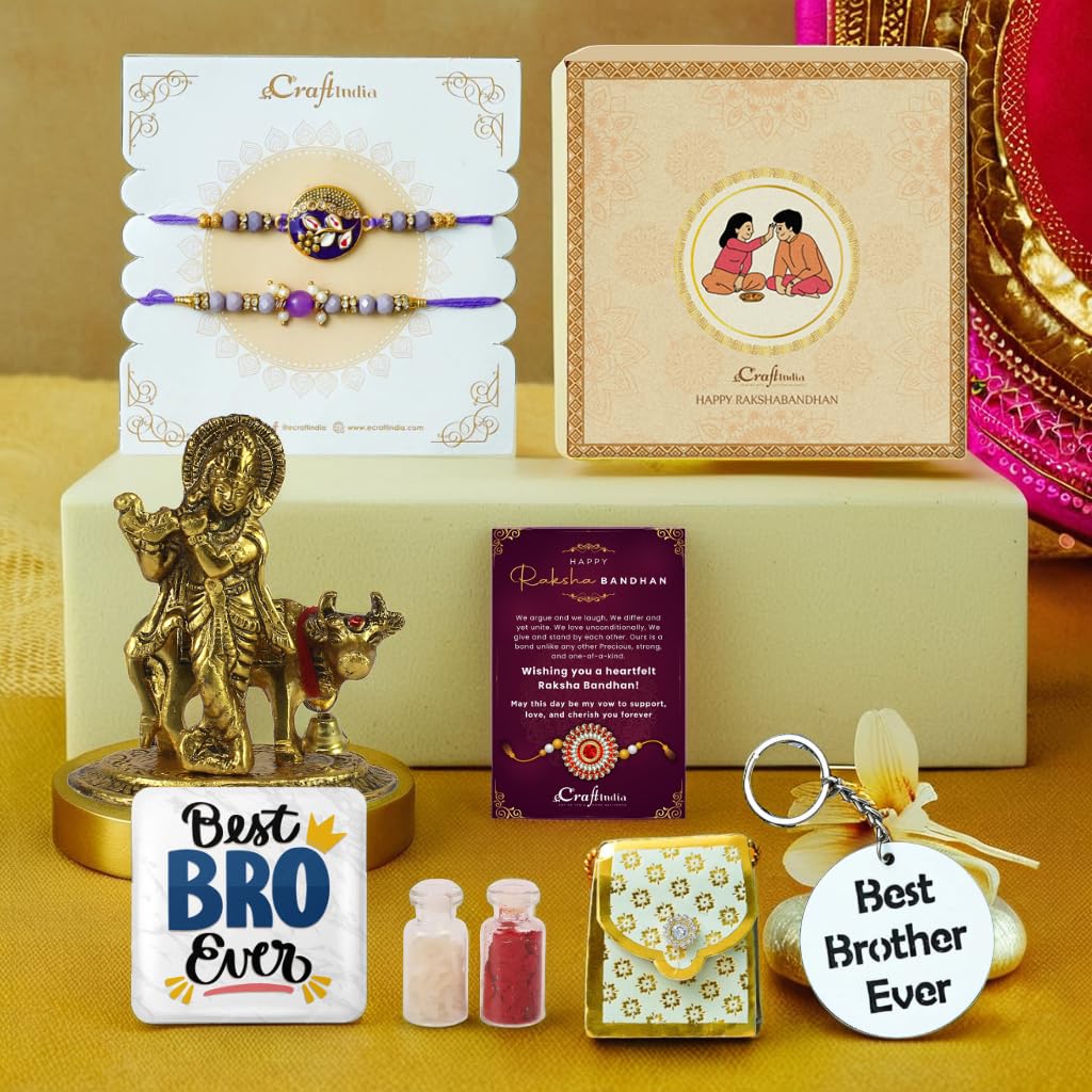 eCraftIndia Rakhi Gift Box | Set of 2 Purple Floral Pearl Designer Rakhi for Brother | Krishna Idol | Best Bro Ever Fridge Magnet | Best Brother Ever Key Chain | Greeting Card | Roli Chawal Pack-image-14