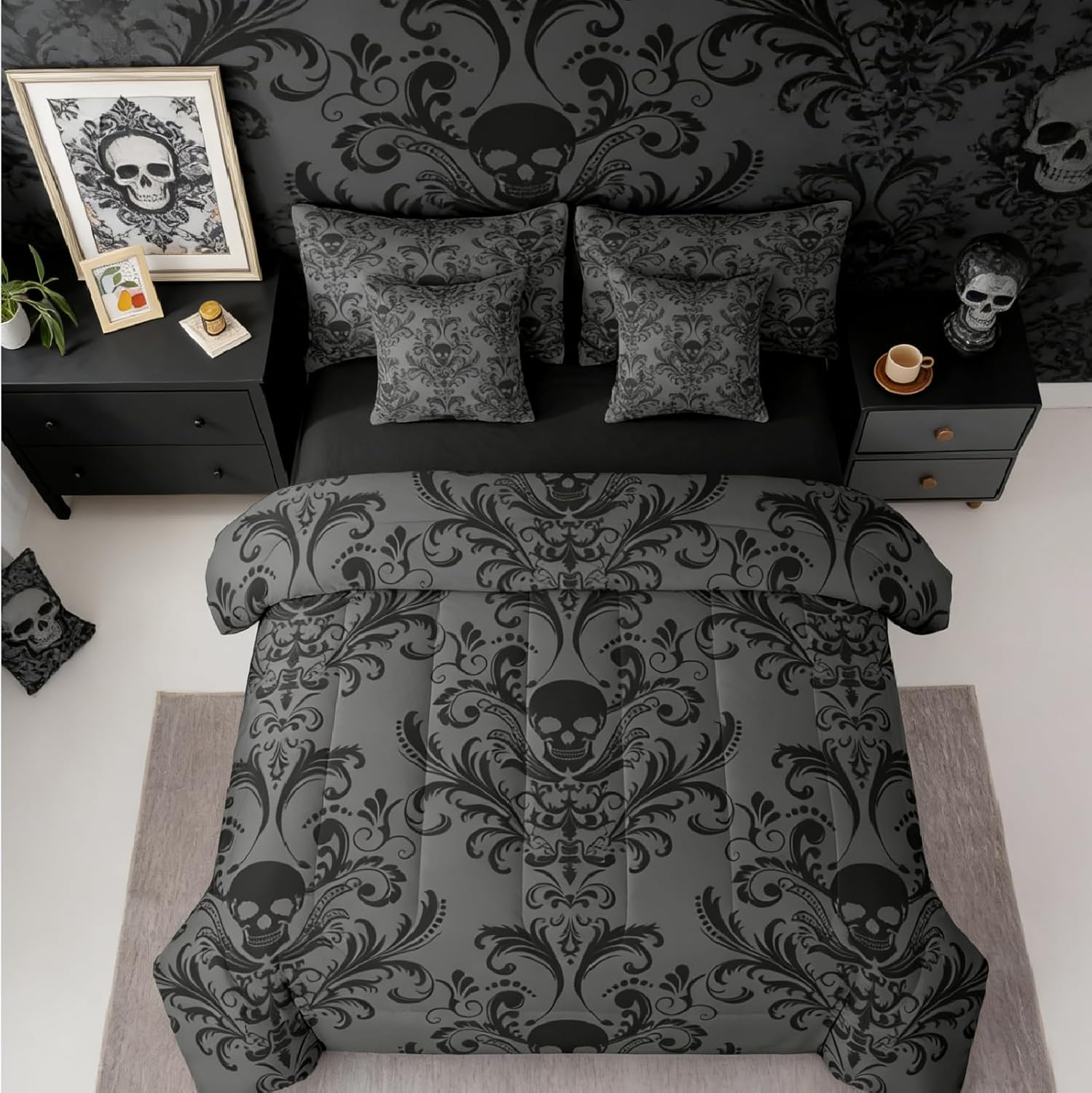 Erosebridal Gothic Damask Bed in a Bag King Size Comforter Set 7 Pieces,Sugar Skull Bedding Sets Black Grey Victorian Floral Goth Sheet Set with Comforter