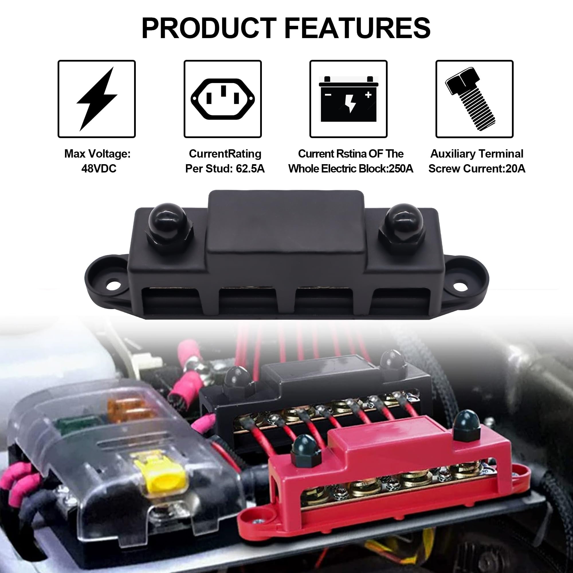 Sammelschienen Verteilerblock 250A BusBar Box mit 4 x M10 Klemmenbolzen Hochleistungsmodul 12V-48V Stromverteilungsblock Erdungsstrom DC 3/8" für Auto RV Boat Yacht (Rot Schwarz, 2PCS)