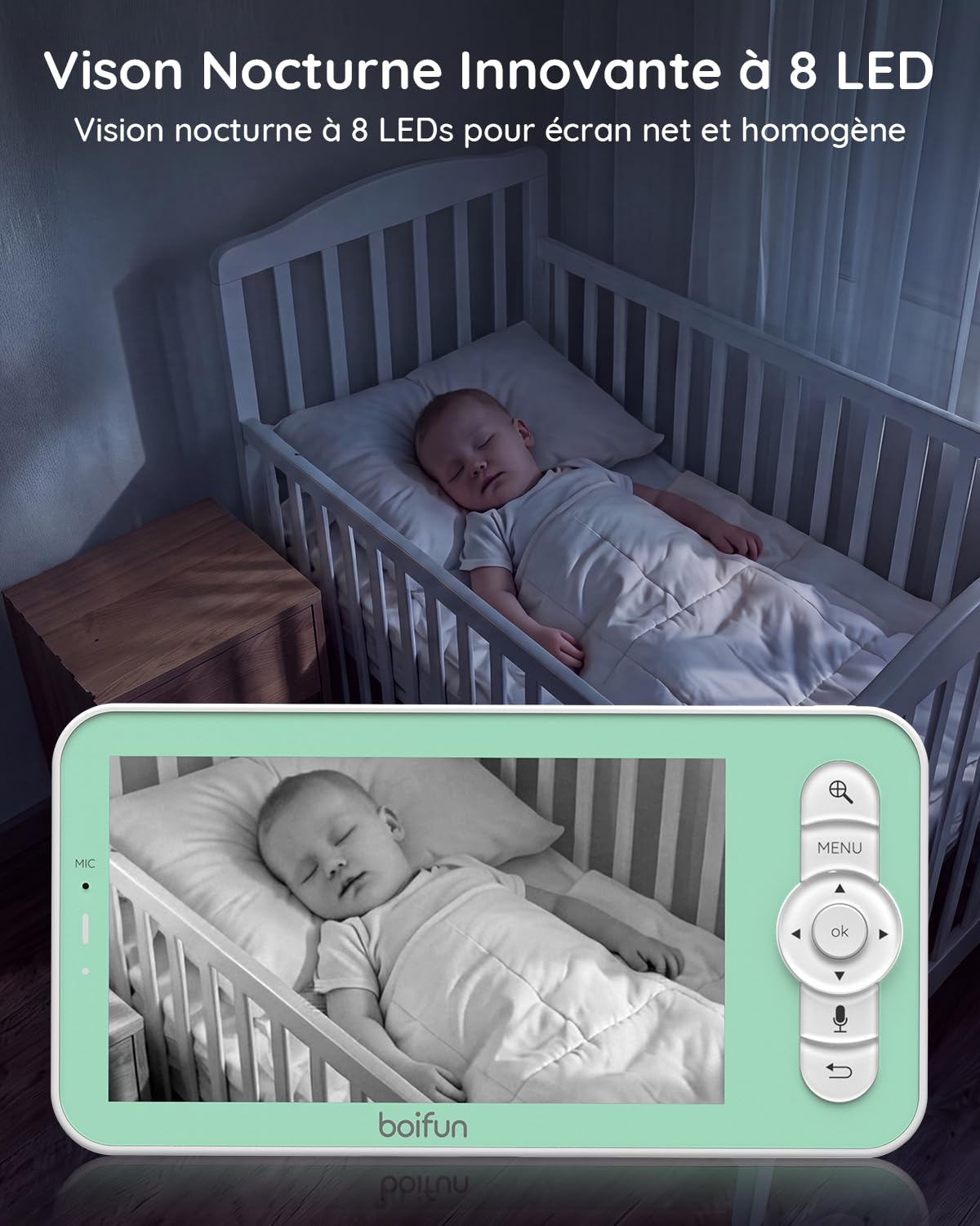 BOIFUN Baby Moniteur vidéo à écran divisé de 5 pouces, 2 caméras, écran 2K et caméra à 360° avec lumière de nuit, contrôle de l'application mobile et moniteur LCD, détection de mouvement et son AI