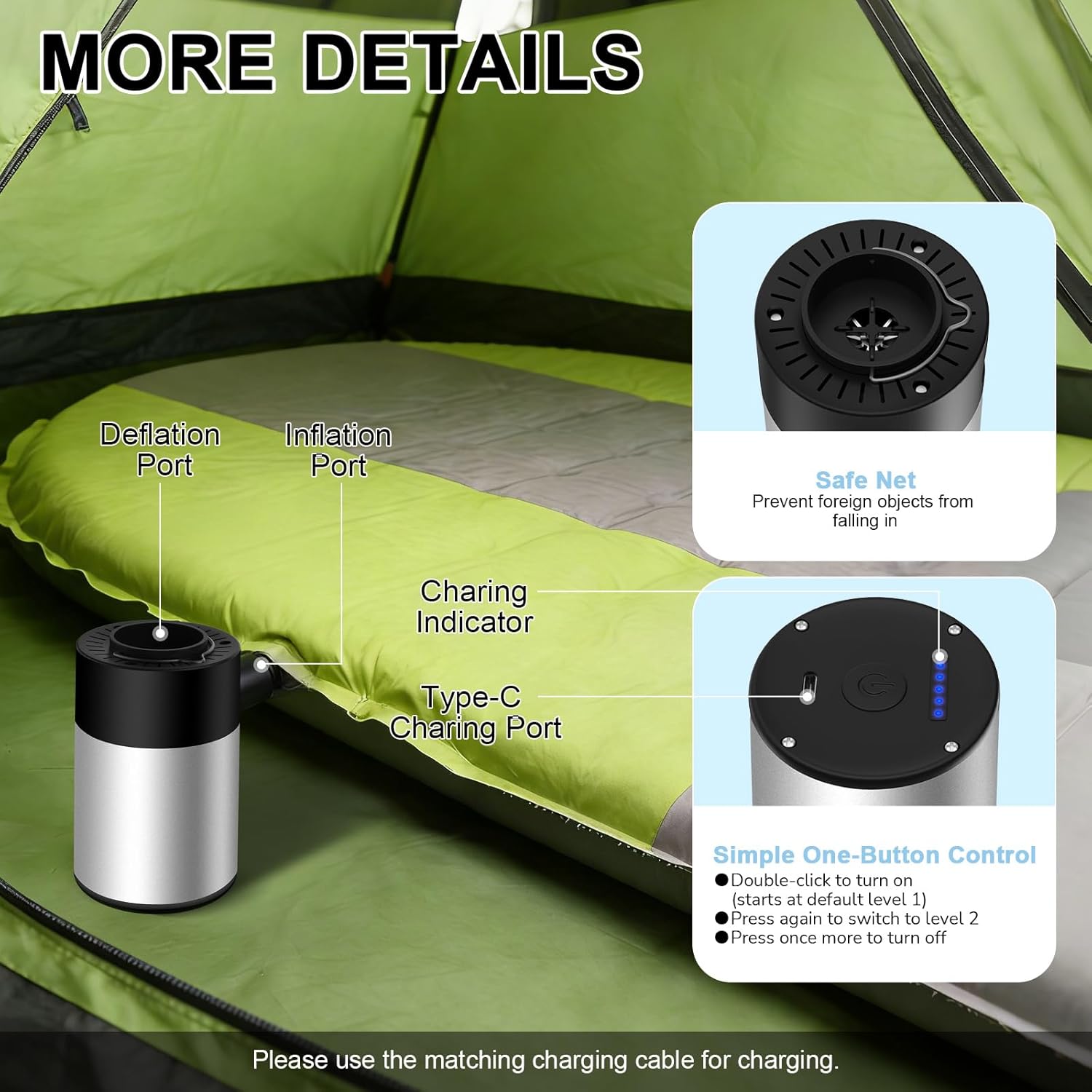 Philorn Portable Air Pump for Inflatables – 5kPa Electric Pump with 5200mAh Battery, Quick Inflation and Deflation, Camping and Travel for Pool Floats, Inflatable Tent, Vacuum Storage Bags