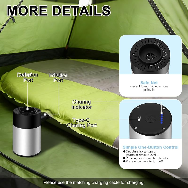 Pompă de aer electrică Philorn pentru saltele gonflabile, baterie reîncărcabilă de 5200 mAh, 6 duze, umflare și dezumflare 5-6 kPa, pentru camping, piscină, acasă