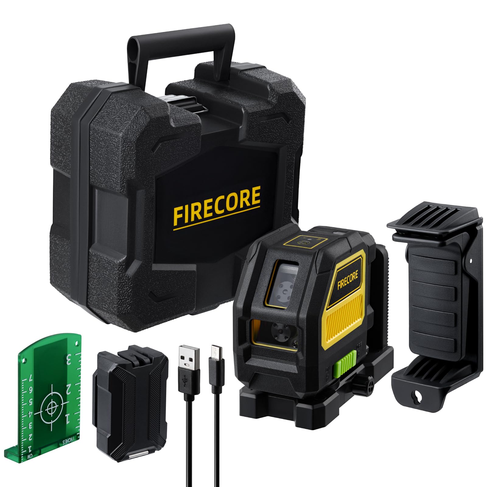 Firecore Outdoor Laser Level Kit, Self Leveling Cross Line Laser Level with Dual Power Supply and Laser Track Clip for Pros, Green Lazer Leveler Tool for Picture Hanging, Wall, Tile, Construction