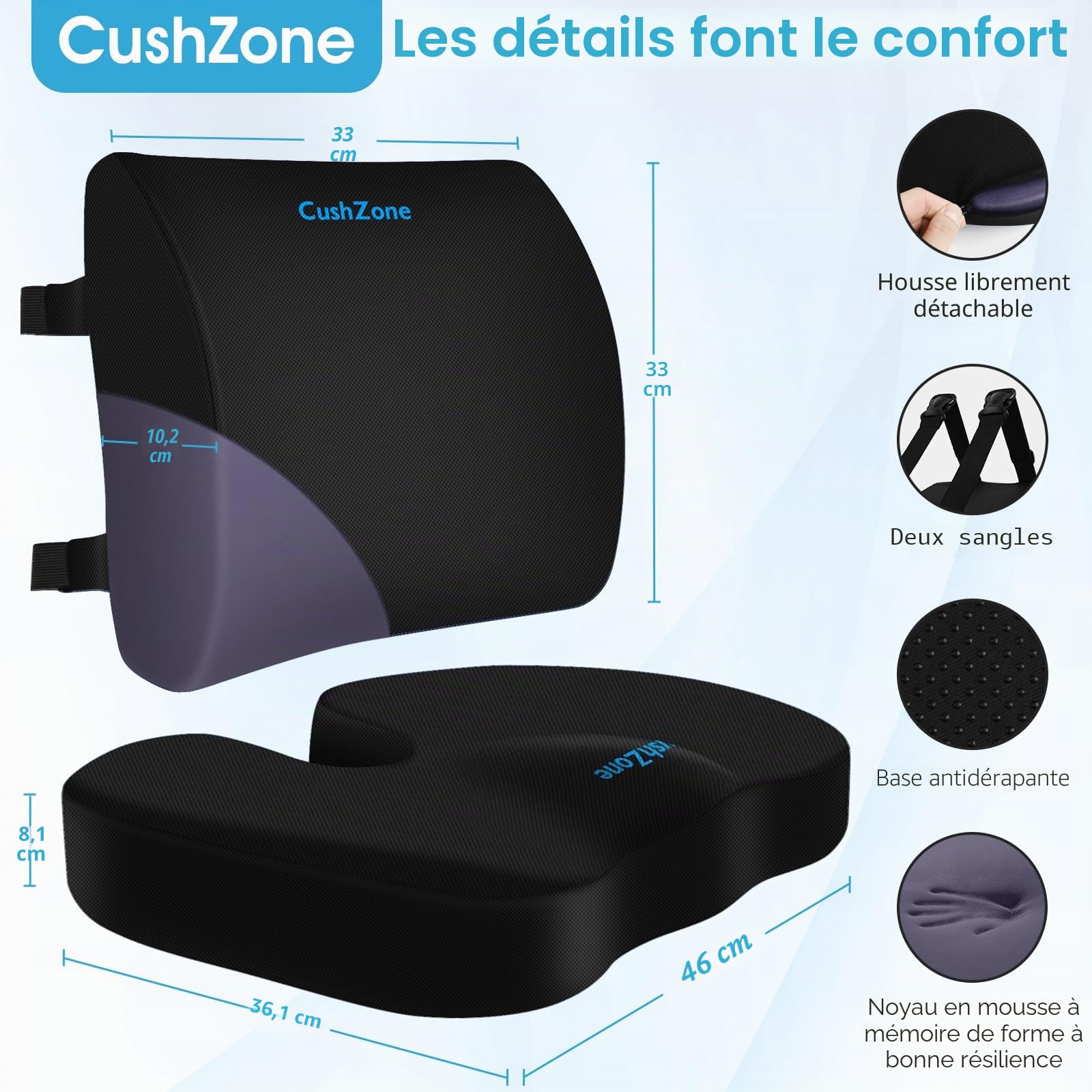 CushZone Coussin de siège, coussin de soutien lombaire avec sangle réglable - Coussins de chaise pour soulager la douleur sciatique - Avec housse lavable en mousse à mémoire de forme pour voiture,