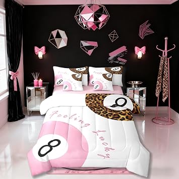 Fashion Leopard Kids Comforter Set Queen Size,Aesthetic Cheetah Modern Art 7 Pcs Bedding,Trendy Lucky 8 Ball Decor for Girls Boys,Pink White BrownFitted+Sheet+2 Pillowcases+2 Throw Pillow Covers